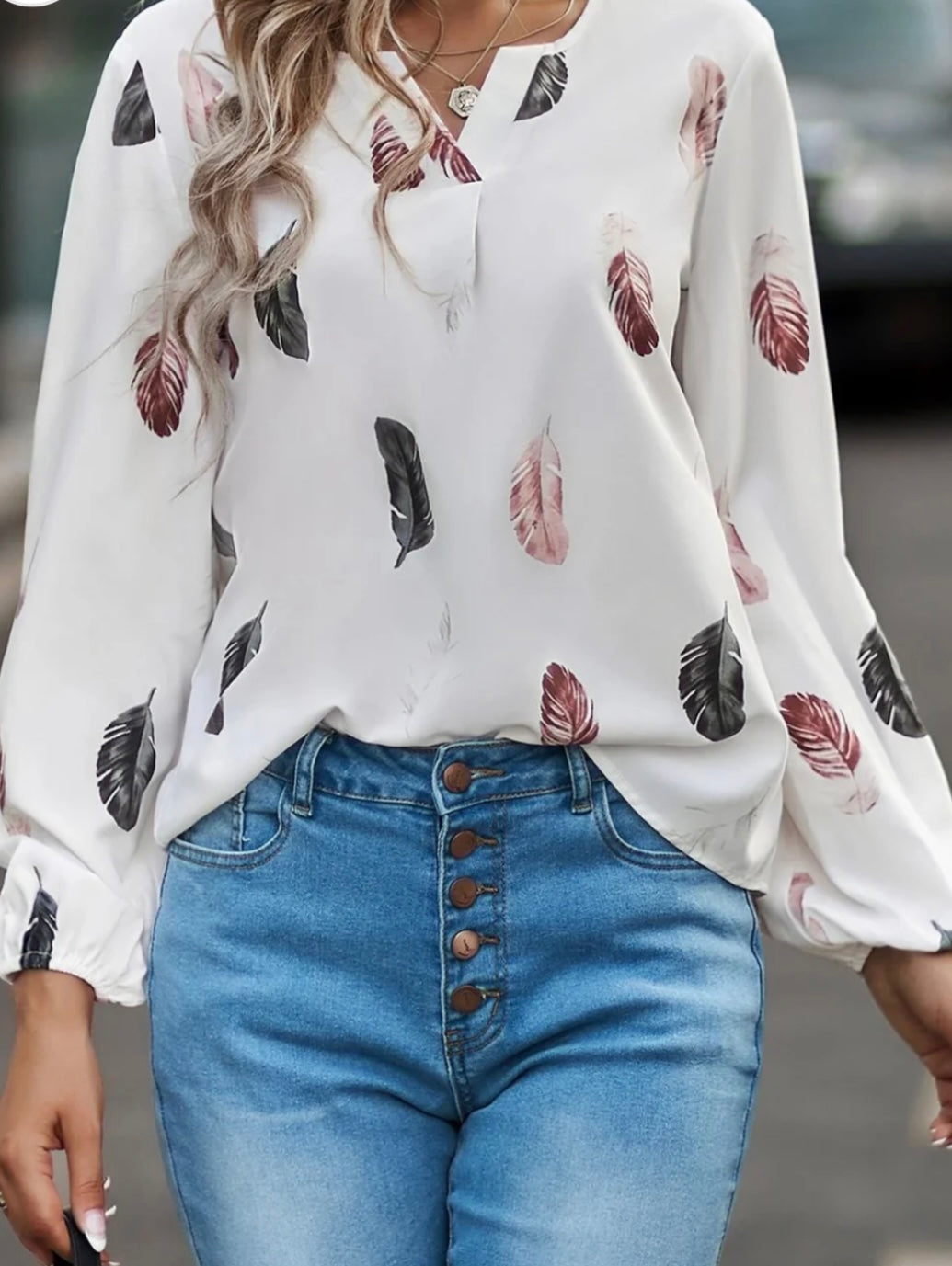 Feather Print Notched Balloon Sleeve Top