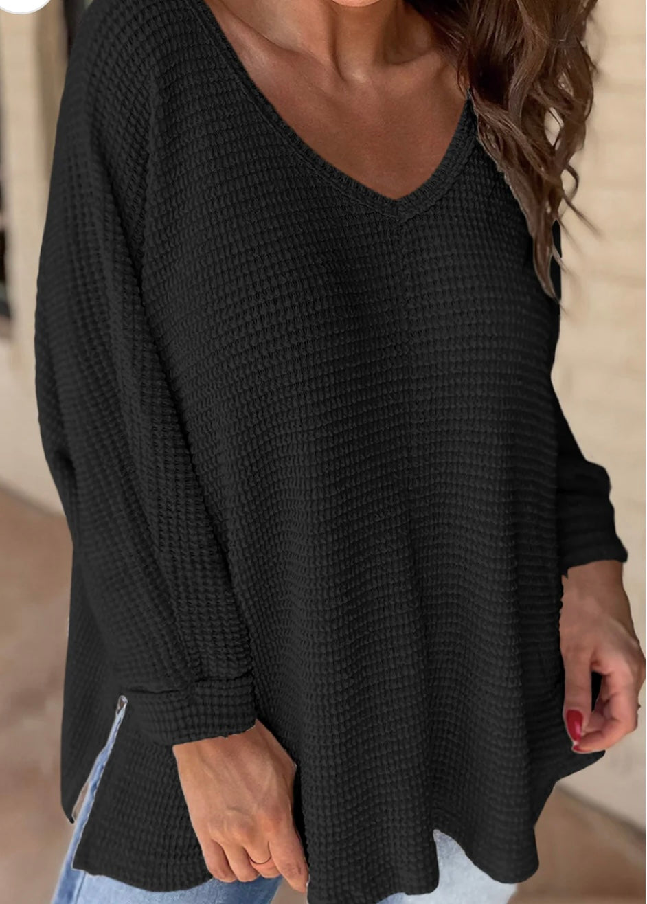 Waffle Knits Side Slits Top