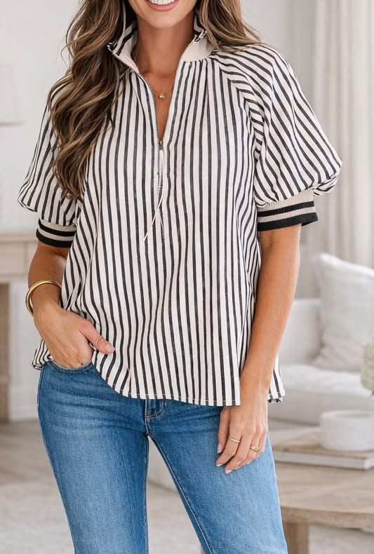 Black Stripe Polo Collar Blouse