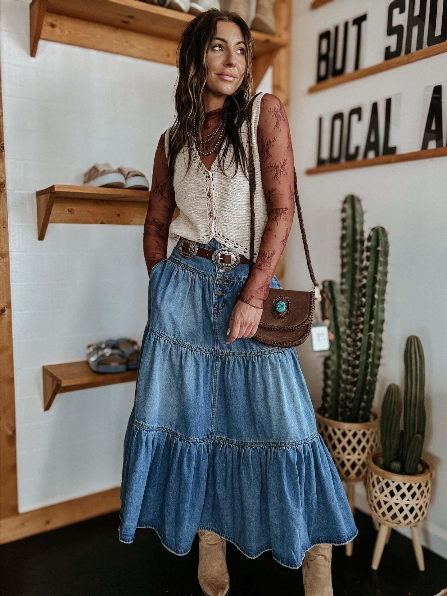 A-LINE LAYERED DENIM SKIRT