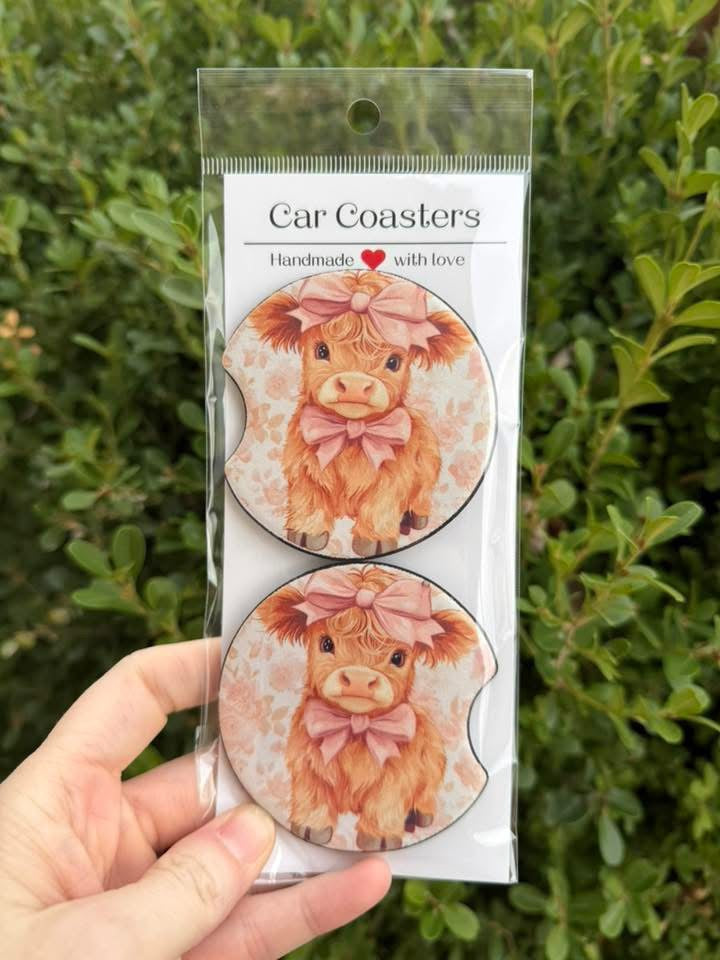 Floral Highland Cow Car Coasters