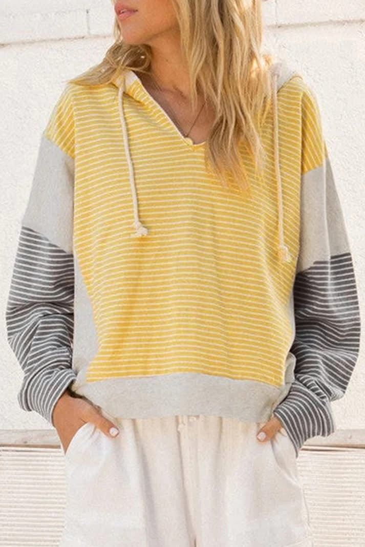 Color Block Drawstring V Neck Loose Fit Hooded Top