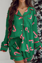 Load image into Gallery viewer, HOLIDAY READY GREEN CANDY CANE PRINT LONG SLEEVE TOP AND SHORTS PAJAMA SET **SHIPPING EXPECTED TO BEGIN ON DATE 10/15**
