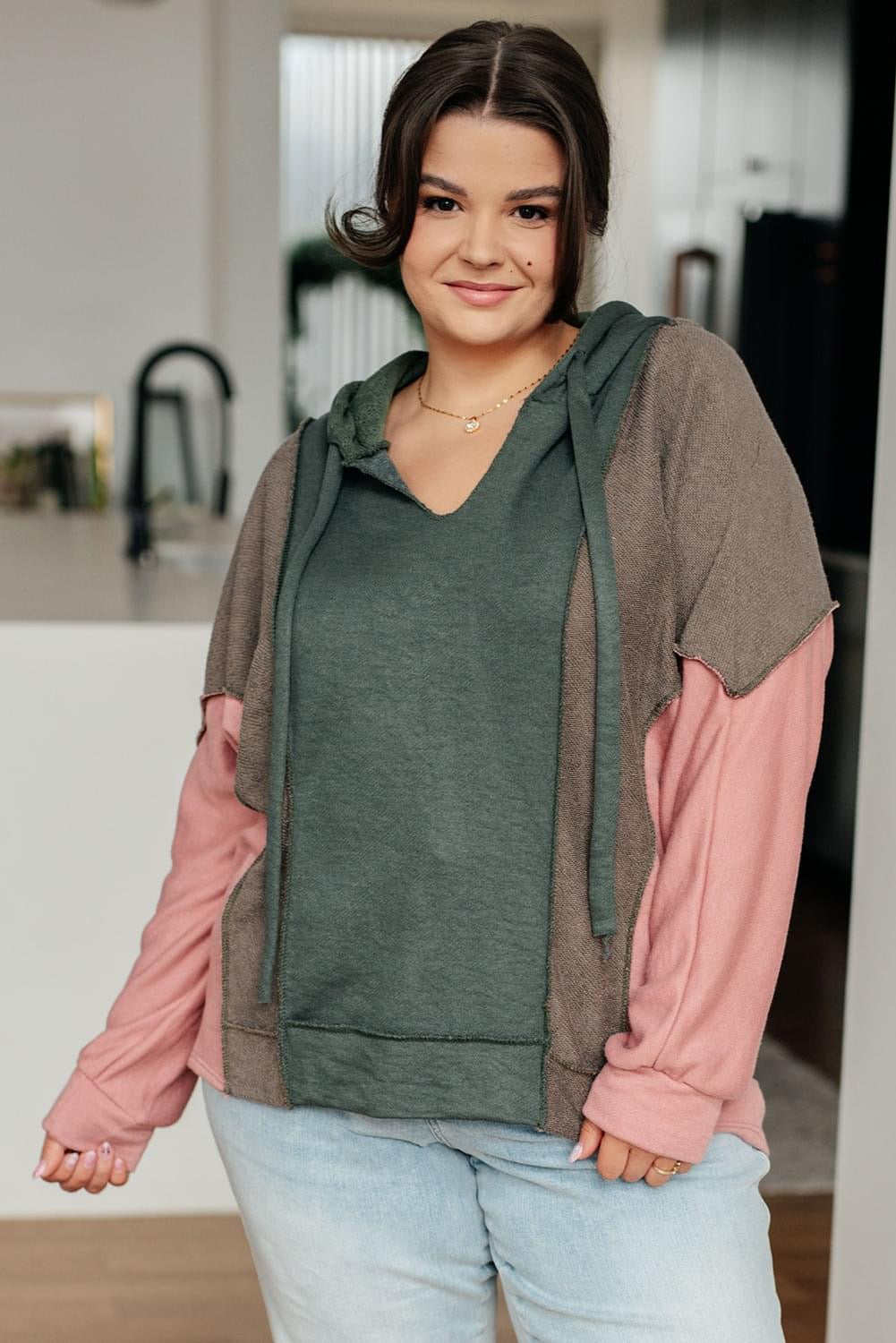 Green Plus Size Colorblock Patchwork V Neck Hoodie