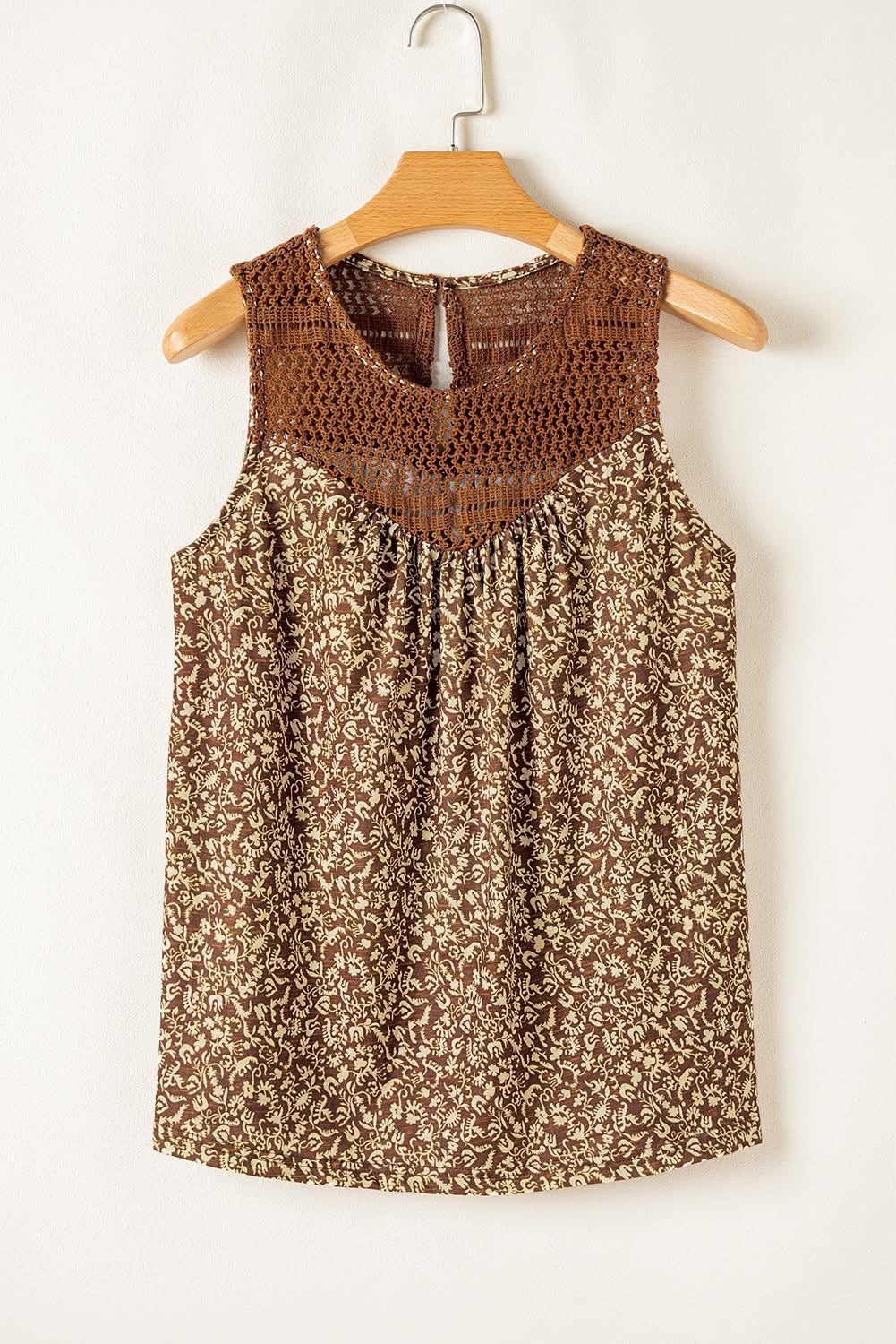 Brown Eyelet Knit Yoke Flowy Fit Tank Top