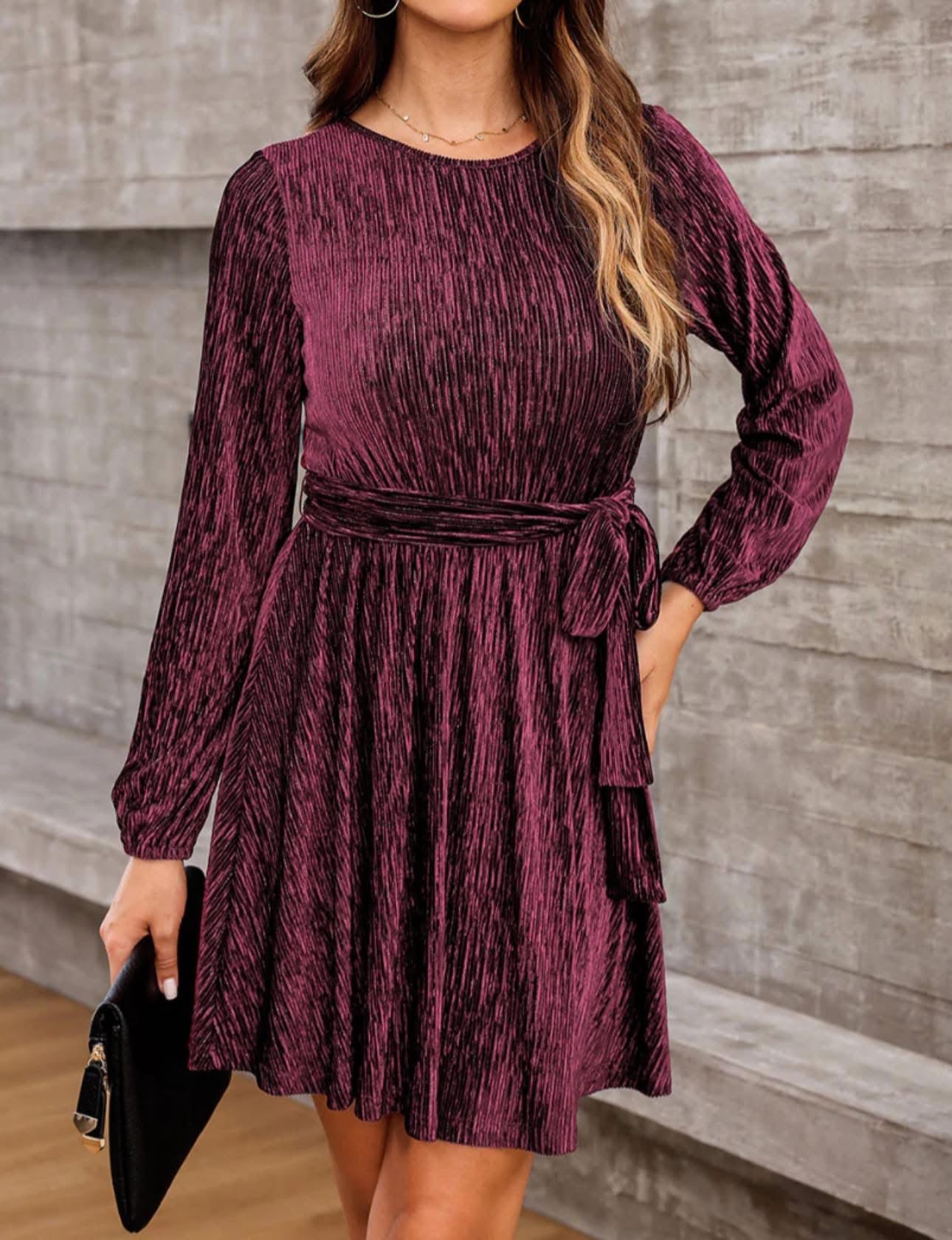Round Neck Tie Front Long Sleeve Dress