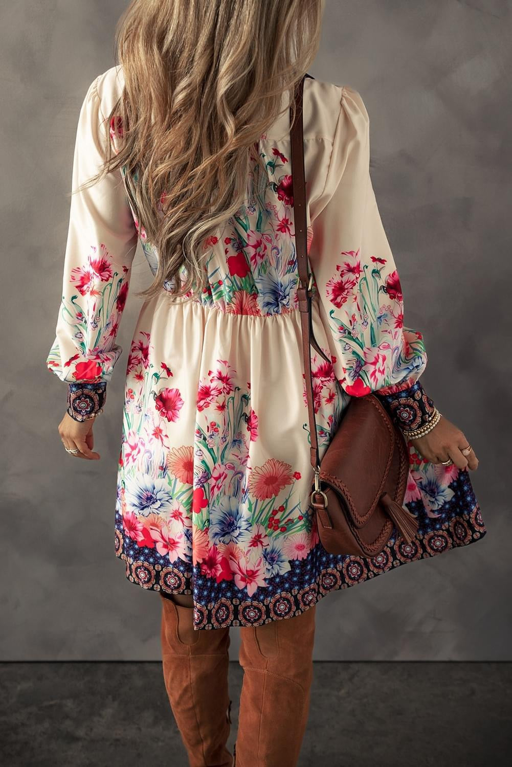 Floral Dream Apricot Floral High Waist Shirt Mini Dress
