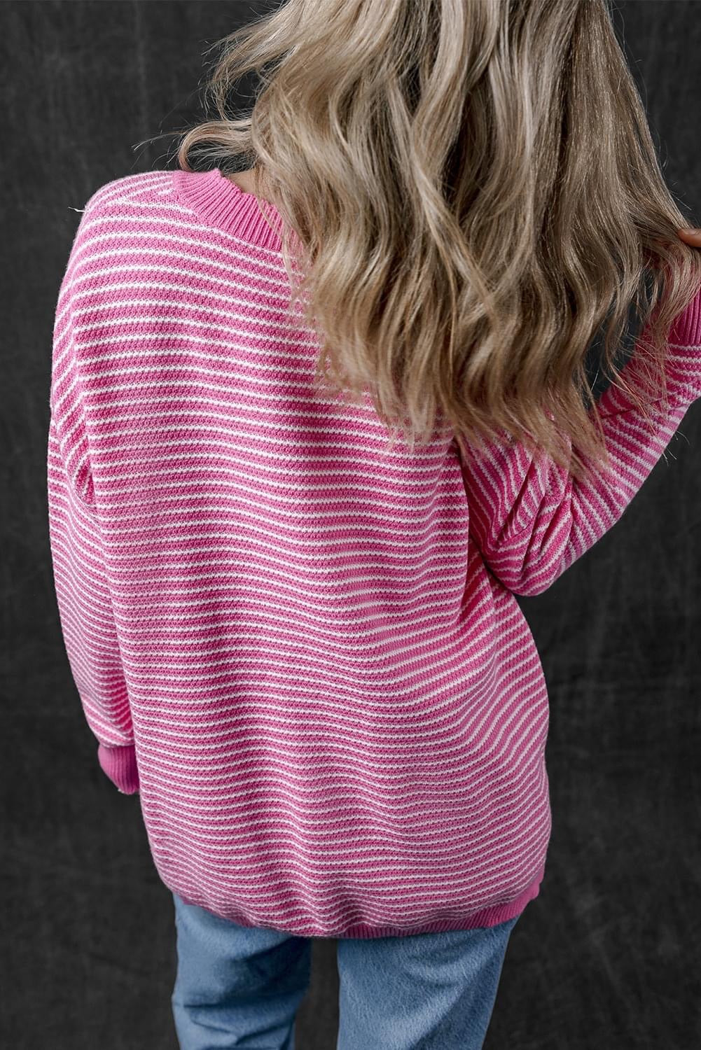 Pink Striped V Neck Loose Sweater