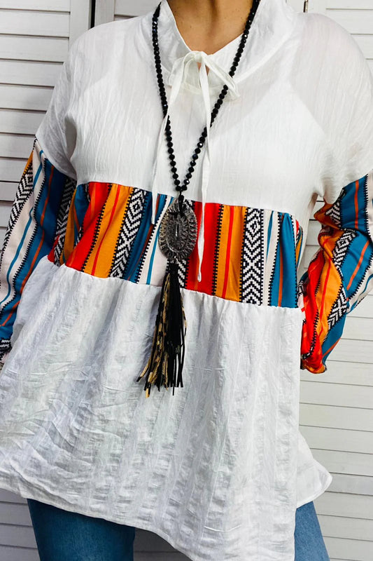 Multi Color Striped Printed White long Sleeve Blouse