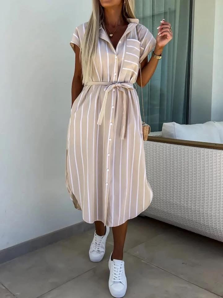 Striped Tie Waist Short Sleeve Dress