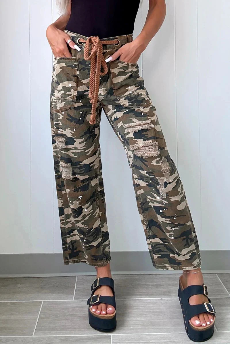 THE CAMO EDIT DISTRESSED DENIM PANTS **SHIPPING EXPECTED TO BEGIN ON DATE 11/16**