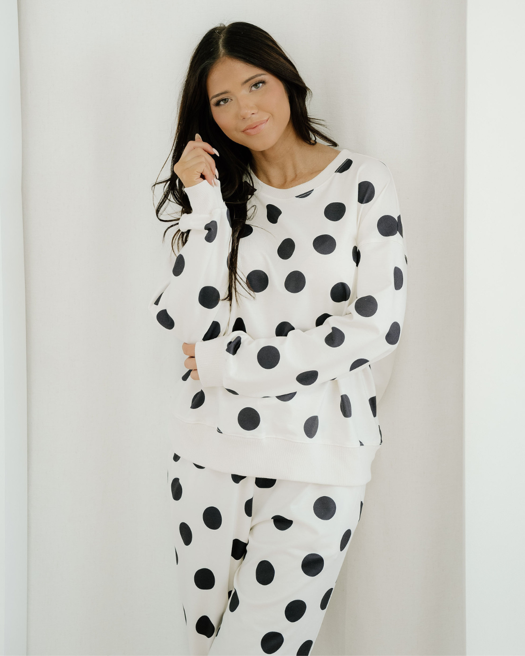 Polka Dot Print Drop Shoulder Pullover Drawstring Jogger Pant Set - Beige Indie & Co.