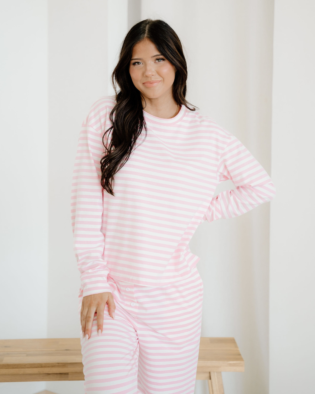Thea Stripe Drop Shoulder Round Neck Top and Buttoned Straight Pants Two Piece Set Indie & Co.