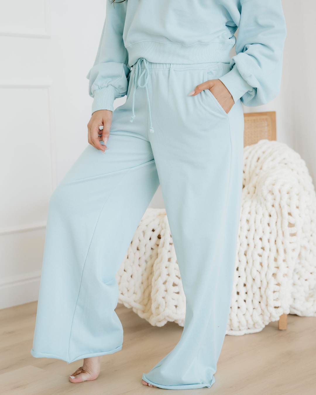 Miles Crop Pullover Drawstring Wide Leg Pants Set - Blue Indie & Co.