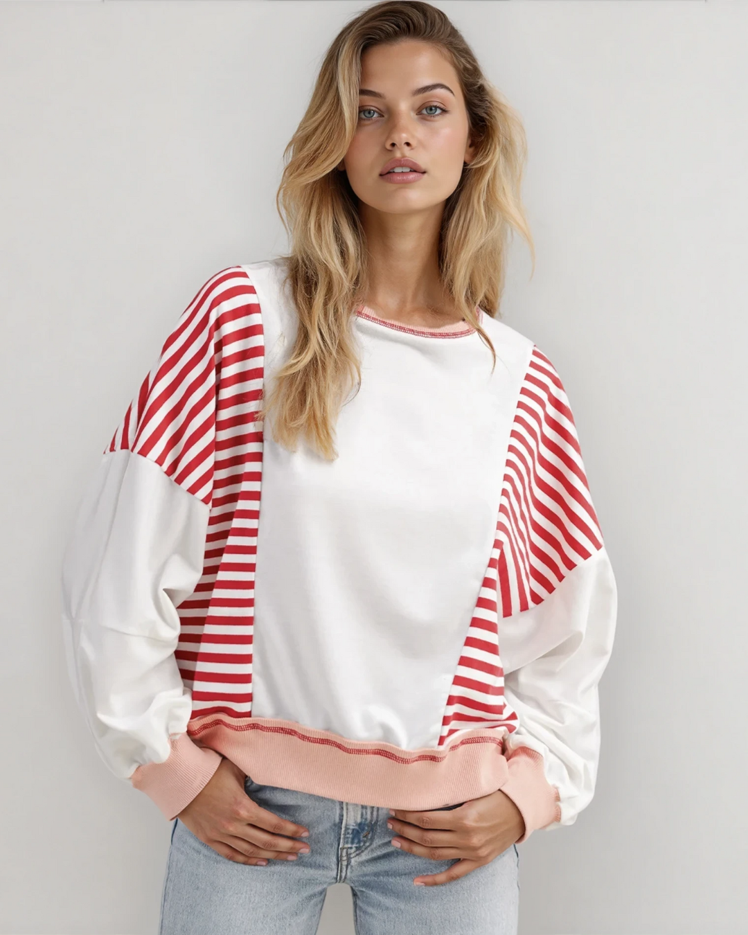 Sophie Striped Colorblock Patchwork Oversized Sweatshirt - Red Indie & Co.