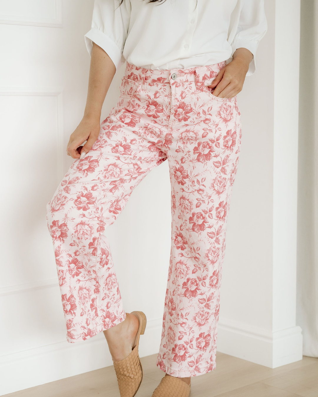Pink Vintage Floral Print Denim Shift Pants Indie & Co.