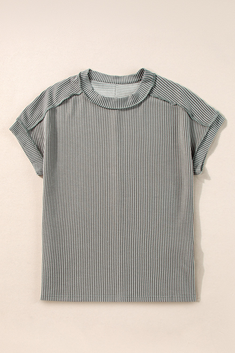 White Crinkle Rib Textured Knit Round Neck T Shirt