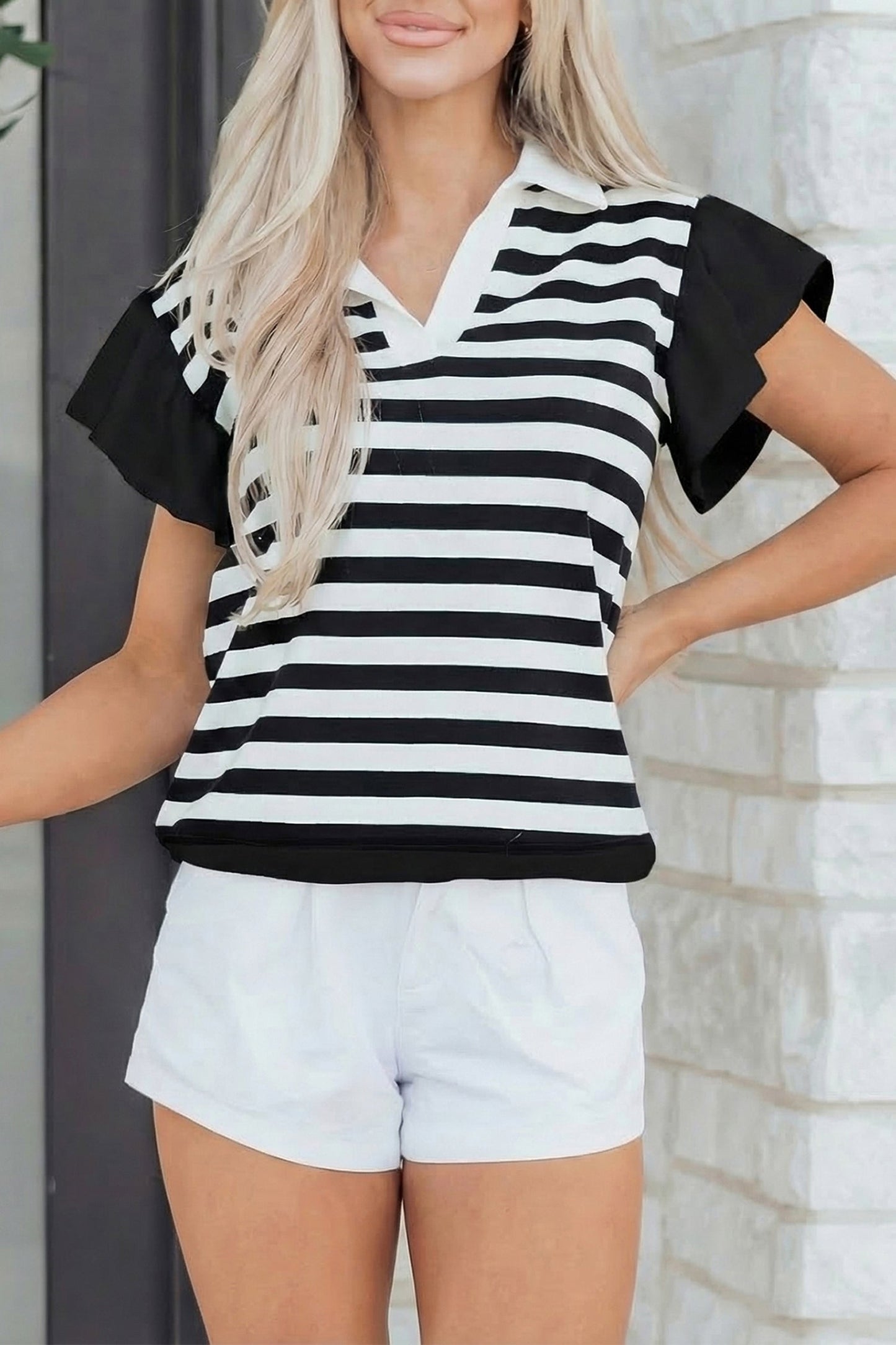 Pink Stripe Collar V Neck Ruffled Short Sleeve Blouse