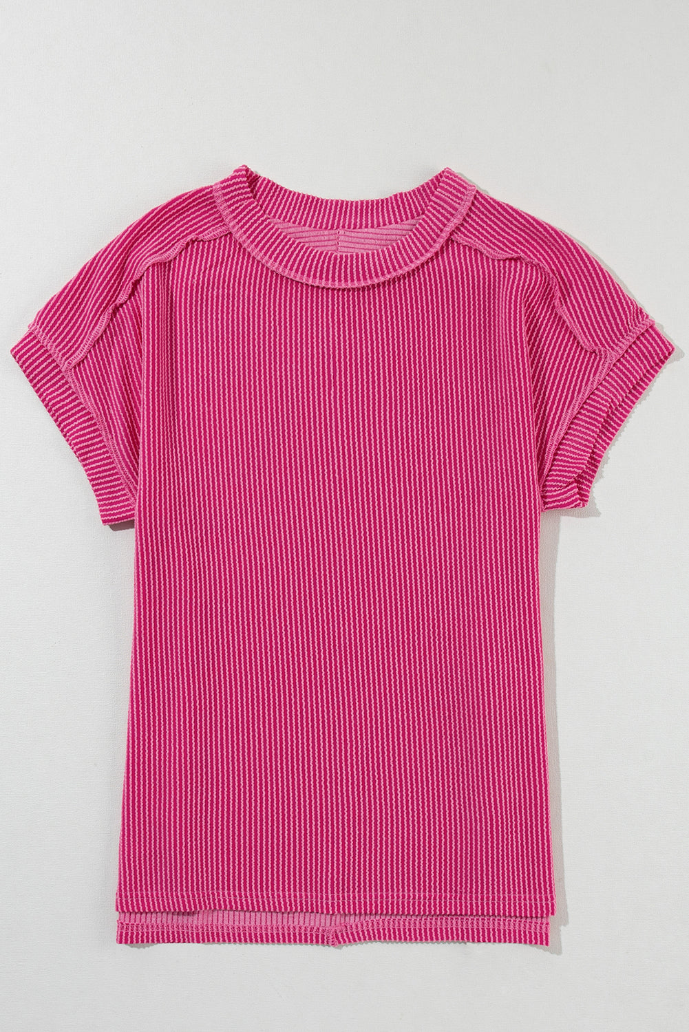 White Crinkle Rib Textured Knit Round Neck T Shirt