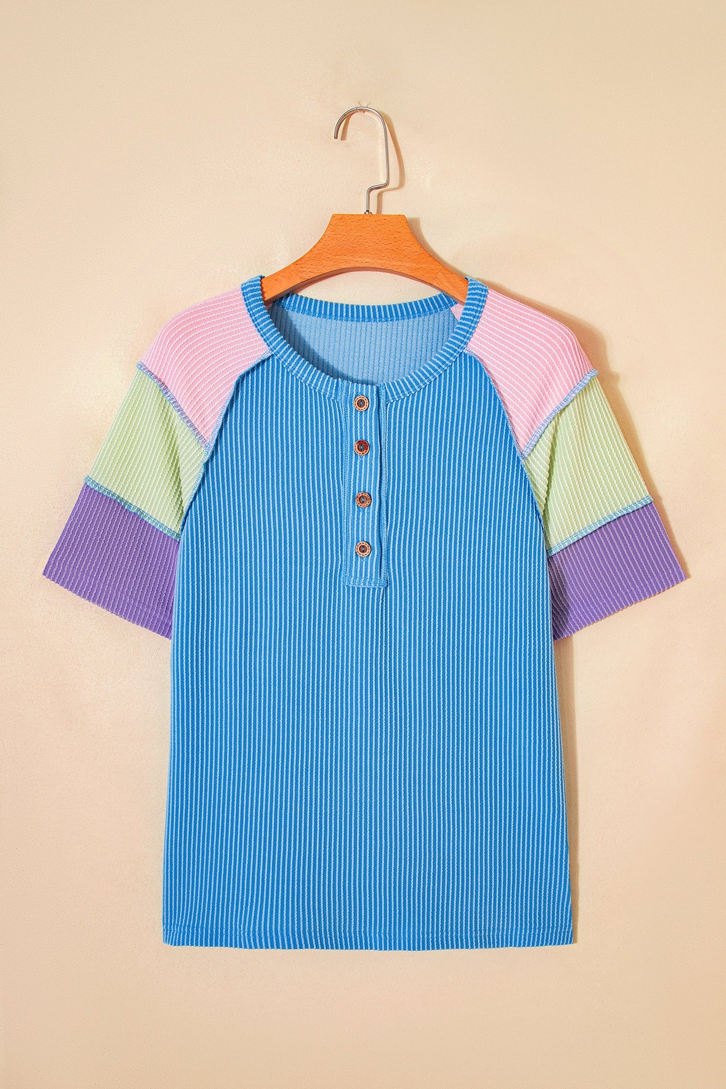 Blue Twisted Ribbed Color Block Patchwork Henley Short Sleeve T Shirt