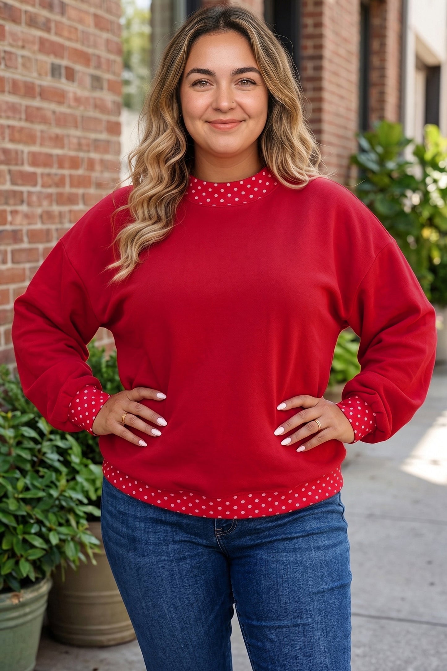 Racing Red Polka Dot Patchwork Round Neck Plus Size Sweatshirt