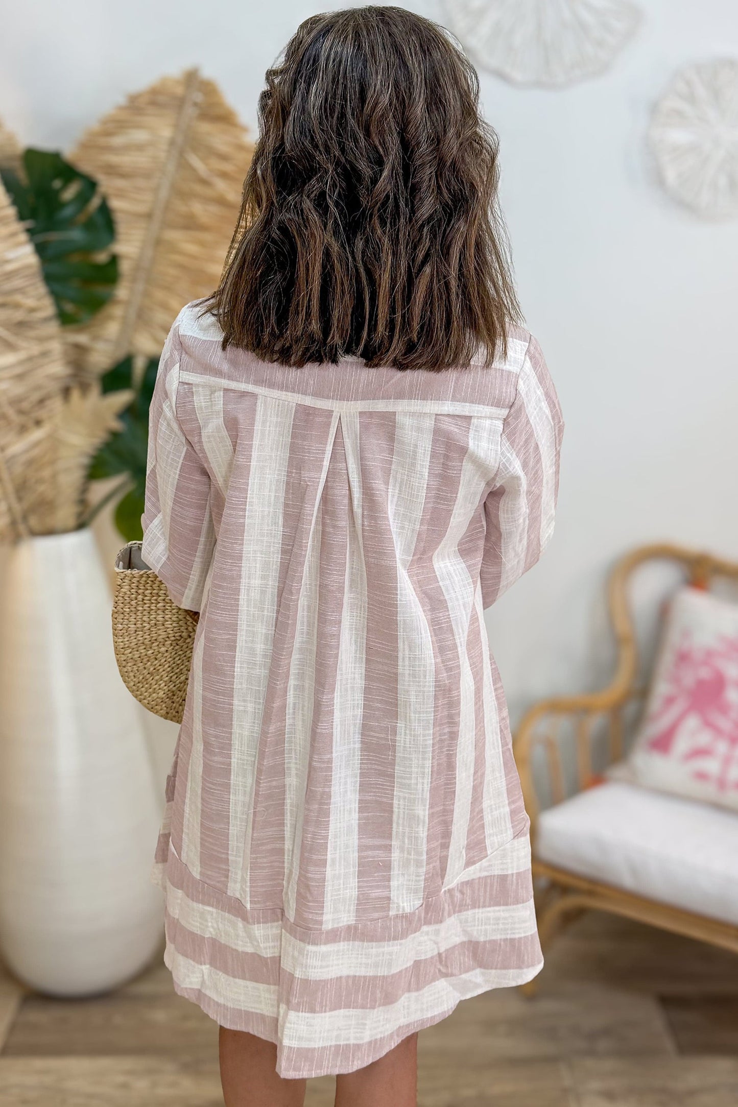 Khaki Stripe Striped Button-Up Three-Quarter Sleeve Short Shift Dress