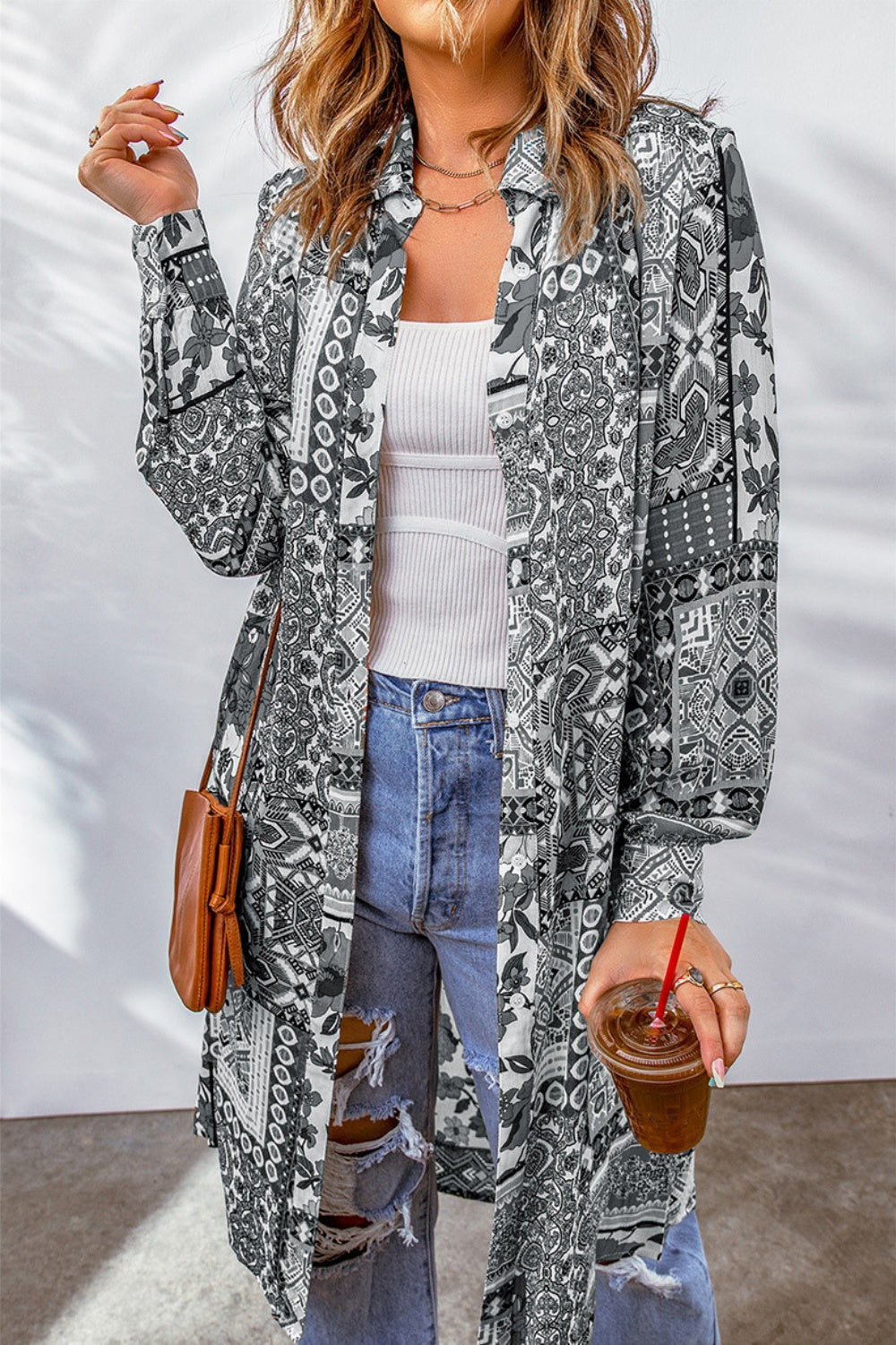 Printed Button Up Long Sleeve Cardigan Creative Chaos Boutique