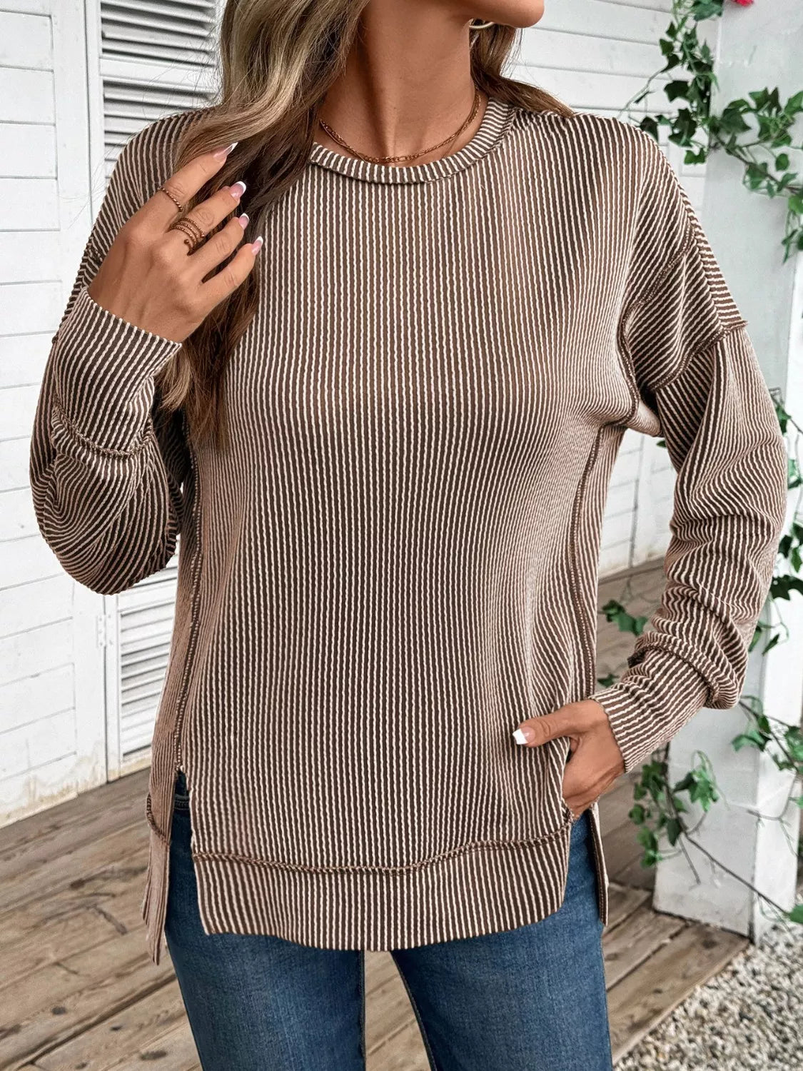 Side Slit Round Neck Sweatshirt