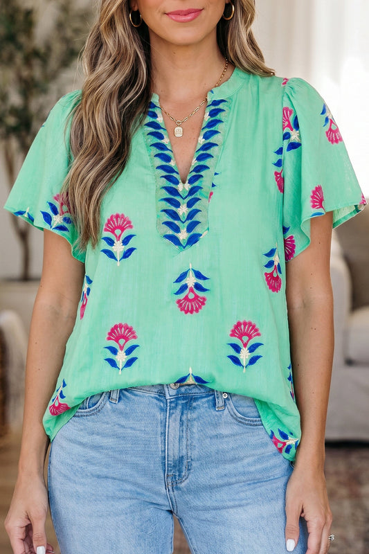 Gianna Floral Flutter Sleeve Blouse Threaded Pear