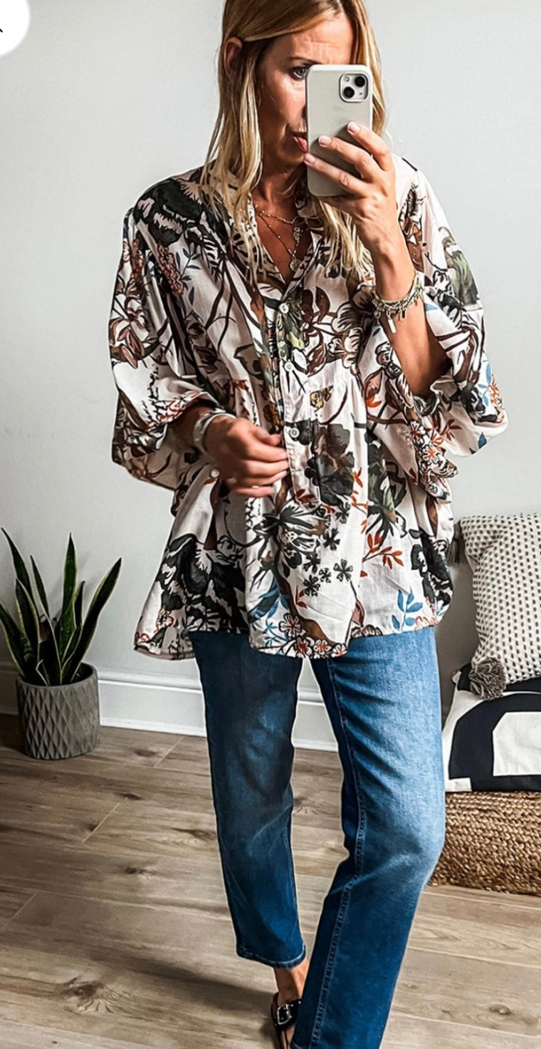 Boho Print Lantern Sleeve V Neck Blouse