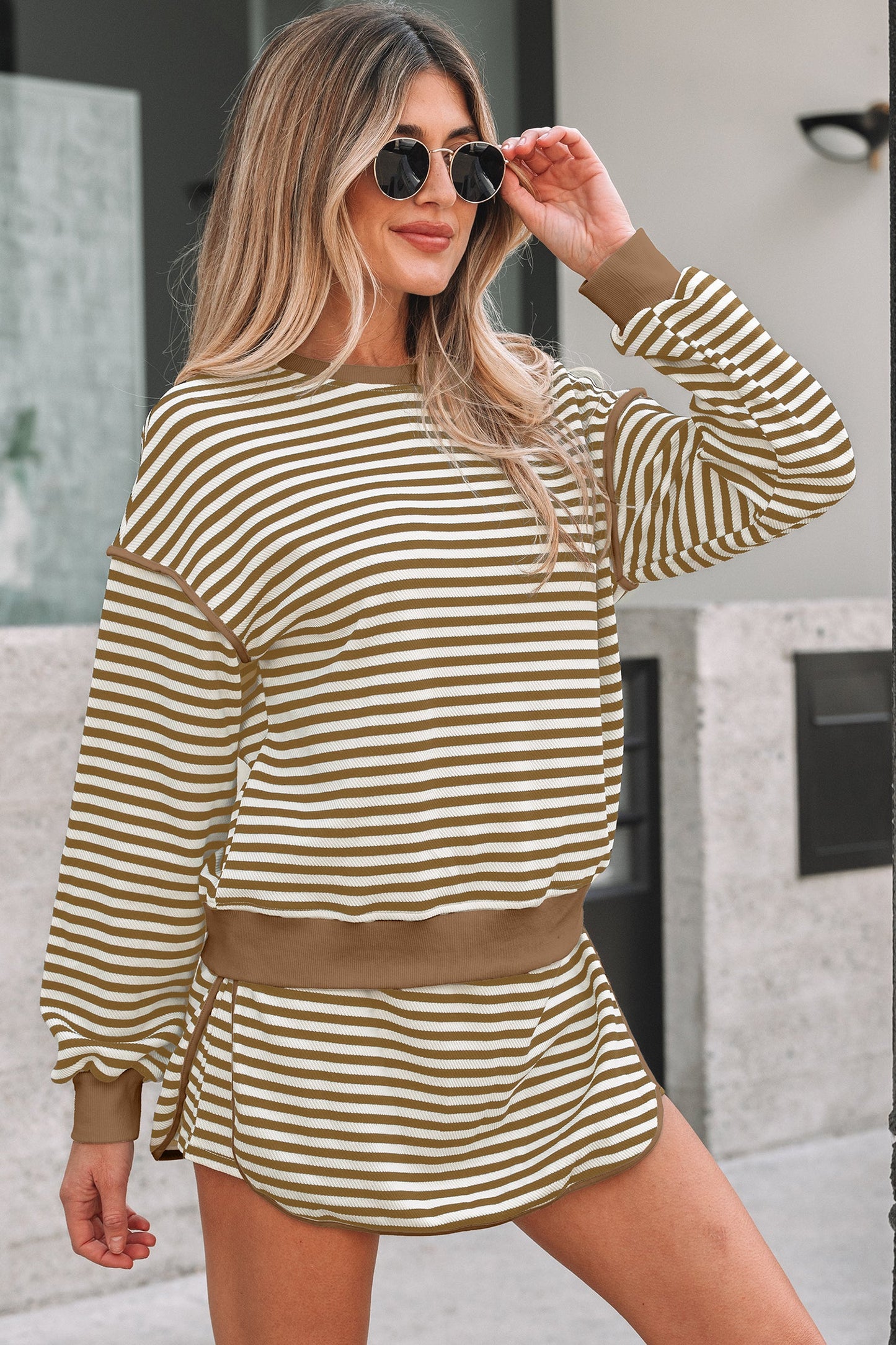 Black Stripe Textured Drop Shoulder Pullover Top Drawstring Mini Skirt Two Piece Dress Set Wild and Free Boutique