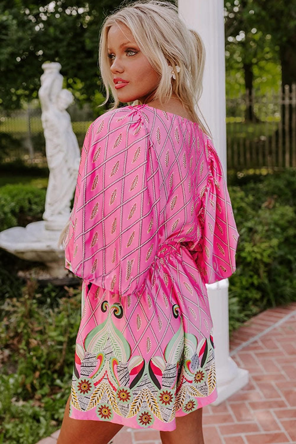 Pink Paisley Geometric V neck high waist Romper