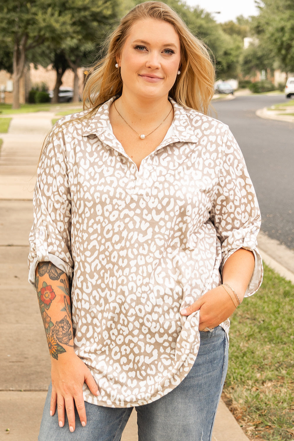 Apricot Leopard Tab Sleeve V Neck Plus Size Top Wild and Free Boutique
