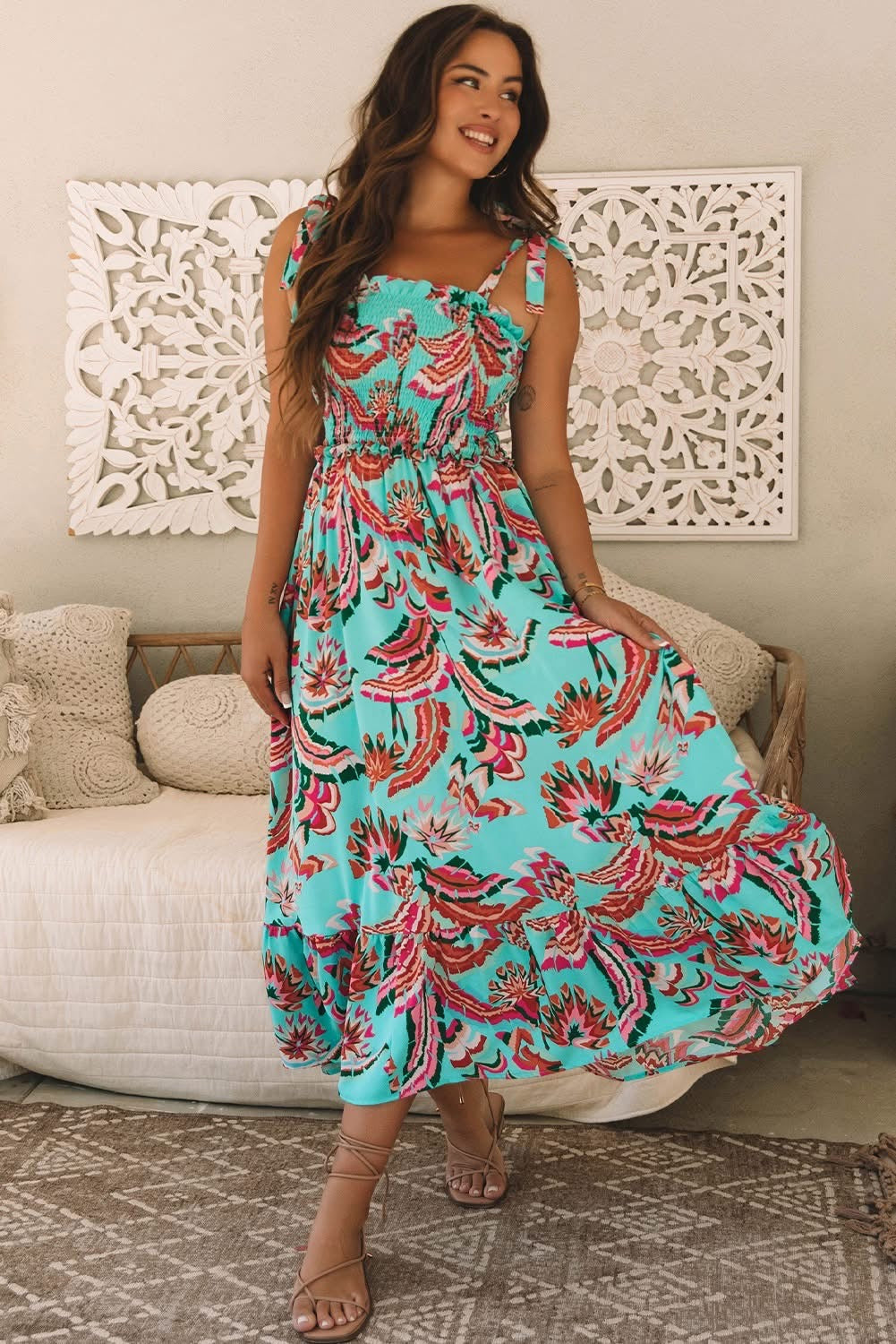 Green Abstract Smocked Bodice Knotted Straps Ruffled Maxi Dress