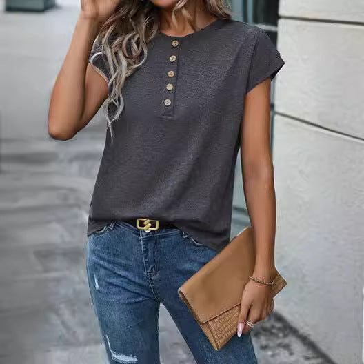 Button Detail Raglan Sleeve Top – Gray