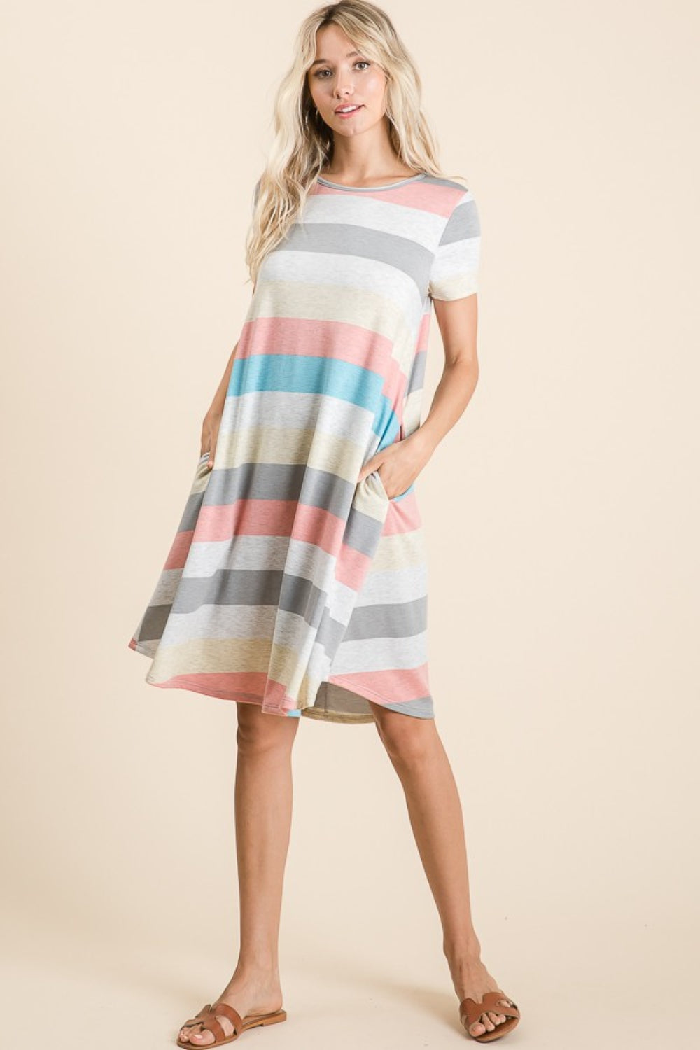 BOMBOM Striped Short Sleeve Dress with Pockets Creative Chaos Boutique