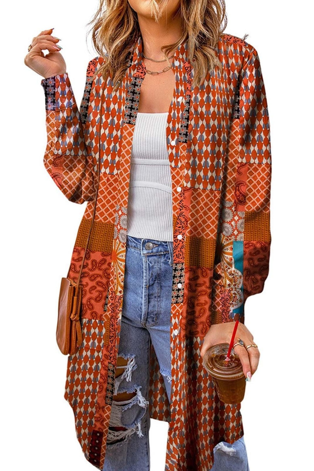 Printed Button Up Long Sleeve Cardigan Creative Chaos Boutique