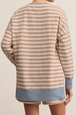 PORTSIDE LOUNGE KHAKI STRIPE OVERSIZED PULLOVER AND SHORTS SET