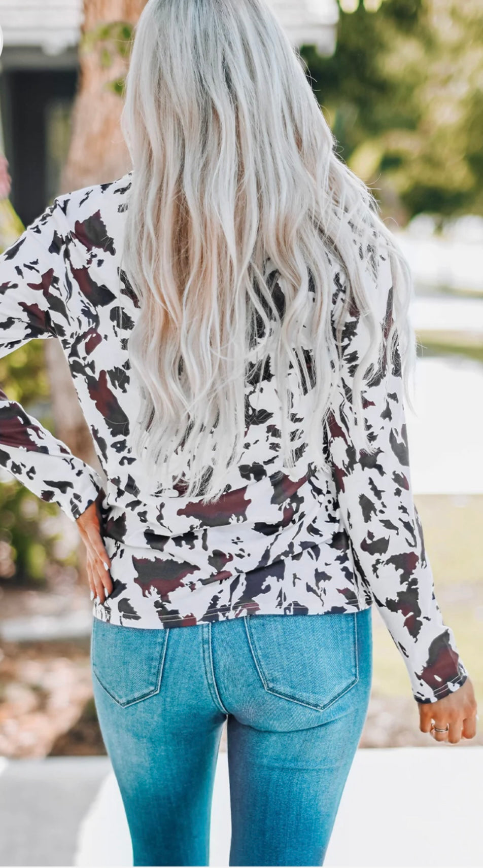 Cow Print Keyhole Long Sleeve Top