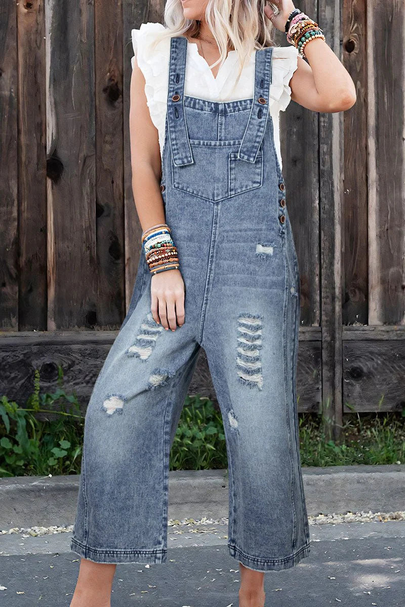 PRESCOTT STONE BLUE DENIM DISTRESSED OVERALLS