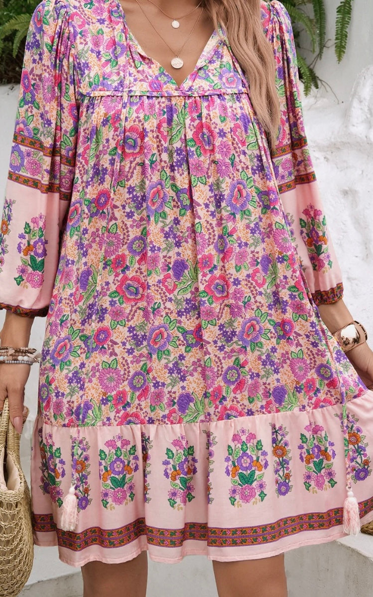 Devine Tassel Floral Tie Neck Mini Dress