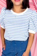 Load image into Gallery viewer, ON CLOUD NINE LIGHT BLUE STRIPED PUFF SLEEVE BLOUSE **SHIPPING EXPECTED TO BEGIN ON DATE 5/31**
