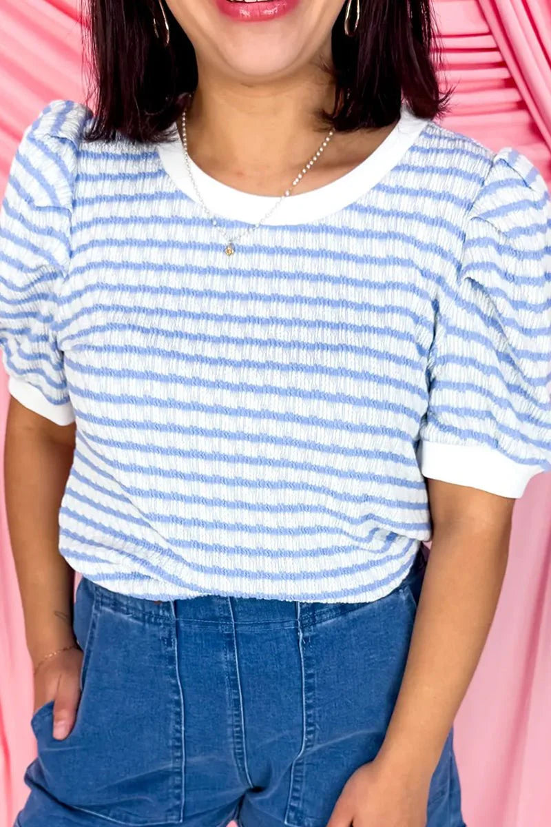 ON CLOUD NINE LIGHT BLUE STRIPED PUFF SLEEVE BLOUSE **SHIPPING EXPECTED TO BEGIN ON DATE 5/31**