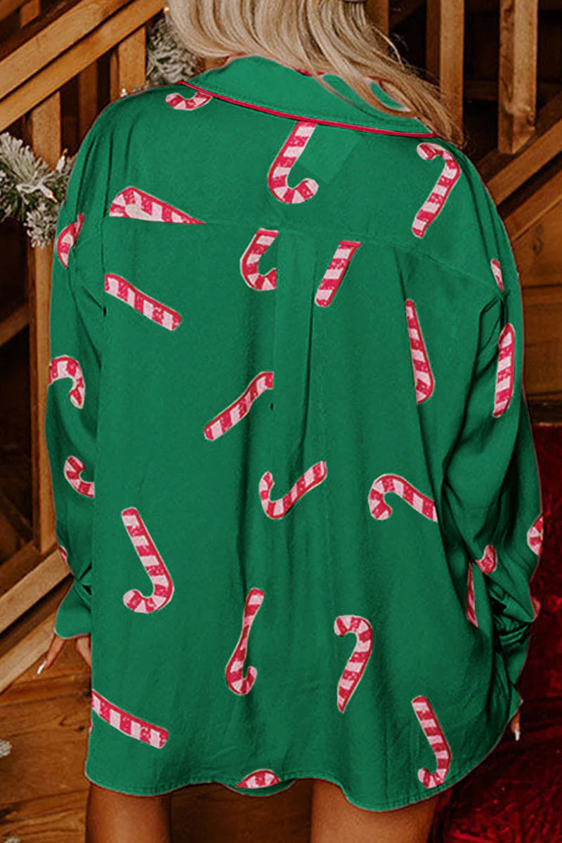 HOLIDAY READY GREEN CANDY CANE PRINT LONG SLEEVE TOP AND SHORTS PAJAMA SET **SHIPPING EXPECTED TO BEGIN ON DATE 10/15**