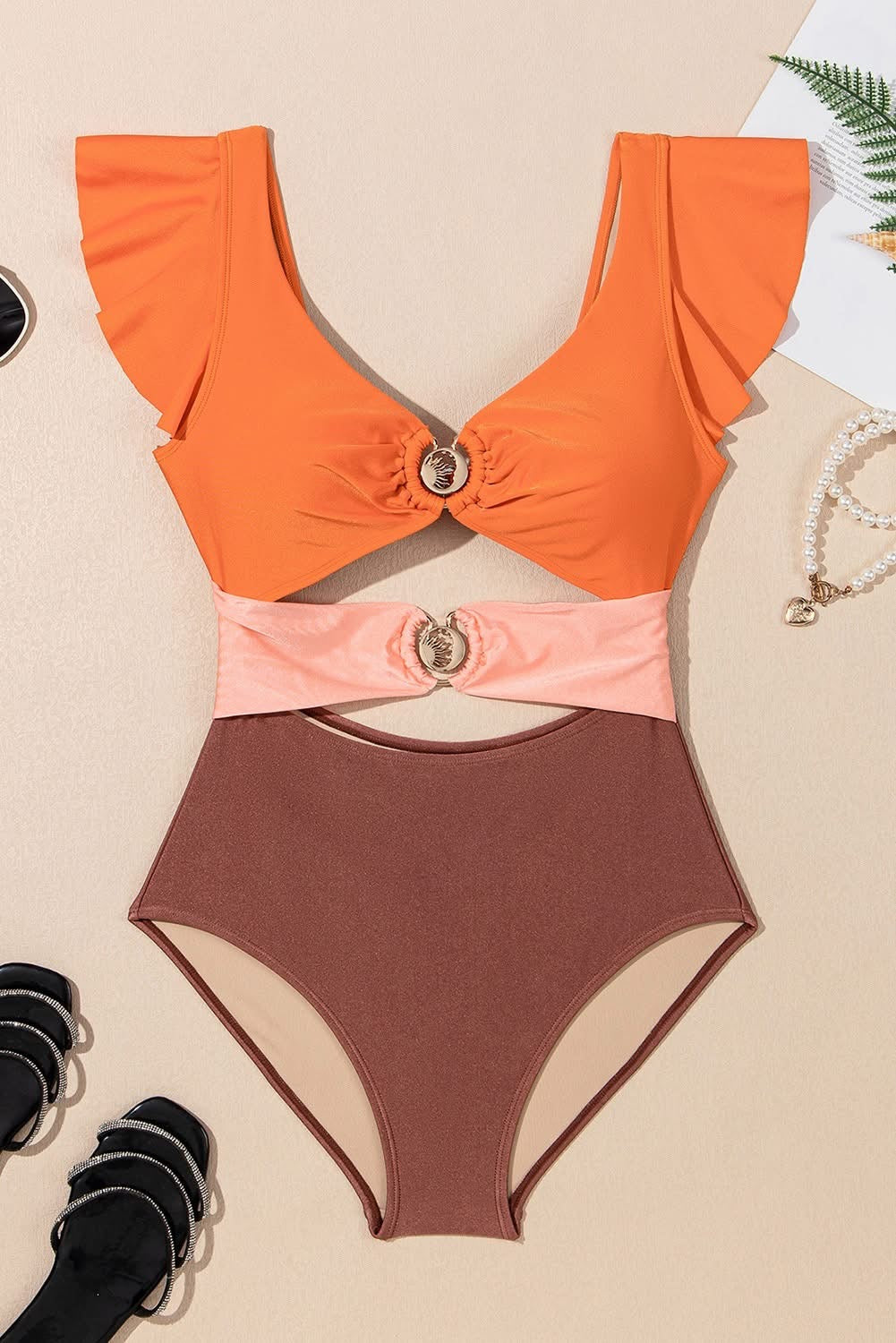 Orange Ruffle Sleeve Cutout One Piece Swimsuit