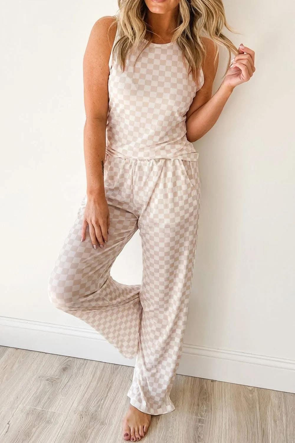 Ribbed Texture Checkered Print Tank Set