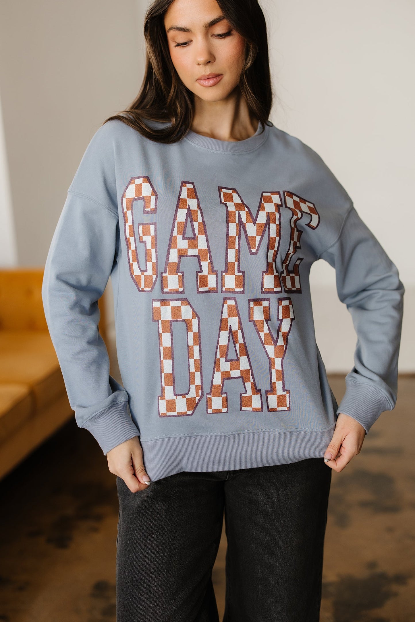 Sleet GAME DAY Checkered Letter Graphic Oversize Sweatshirt
