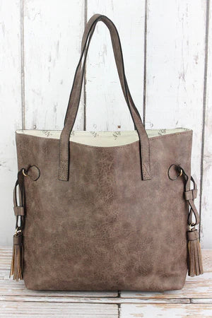 Faux Leather Slide Tassel Tote