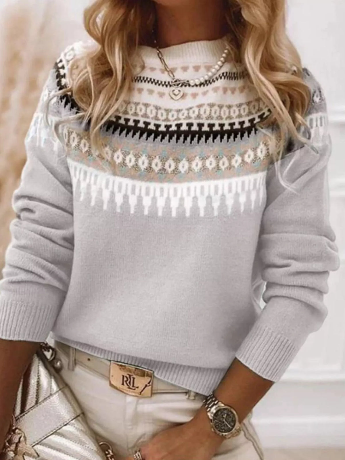 Full Size Vintage Patterned Round Neck Sweater Plus Size