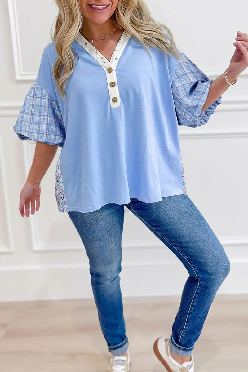 COLORBLOCK CRUSH BEAU BLUE BUBBLE SLEEVE BLOUSE